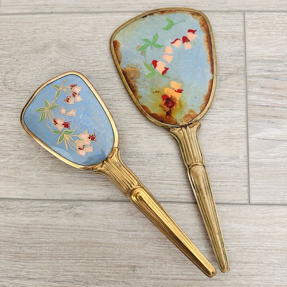 Vintage Gold Tone Hand Mirror and Brush Vanity Set Pink Blue Floral Victorian